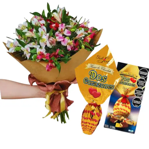 Ramo de astromelias variadas y huevo de pascua dos corazones